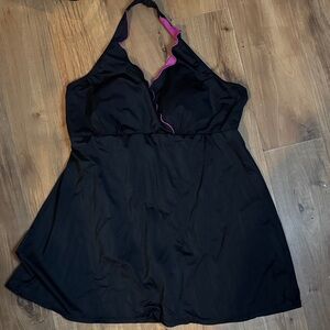 Tropical Escape Black and Pink One Piece Halter Top Swimsuit